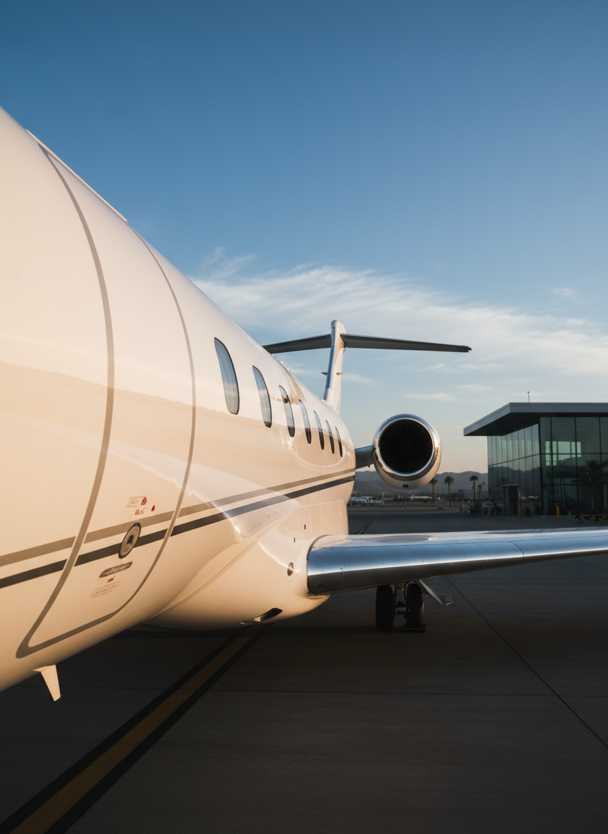 A gleaming ultra-long-range private jet fuselage captured in close-up, its polished white exterior and subtle silver accents reflecting a cloudless blue sky. The aircraft is positioned on an immaculate tarmac beside a minimalist glass-walled terminal, with soft golden hour sunlight skimming along the curves of the fuselage, emphasizing rivet lines and the mirror-like finish. The composition uses a low, slightly angled perspective that elongates the jet, with the wing and engine intake leading the eye toward the horizon. Background elements are softly blurred to create a shallow depth of field, enhancing a calm, sophisticated mood. Photographic realism with a clean, modern aesthetic that communicates ultimate luxury and precision in private aviation.