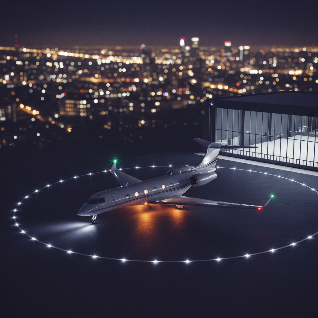 A nighttime aerial view of a private jet parked on a secluded apron beside a glass-and-steel modern hangar, its outline traced by subtle embedded runway lights. The aircraft’s navigation lights and soft, warm under-wing accent lighting create a luminous halo against the deep indigo tarmac. In the background, the city skyline glows faintly, rendered as a tasteful, defocused bokeh. Dramatic, cinematic side lighting from the hangar emphasizes the sculpted surfaces of the jet, casting long, elegant shadows. Shot from a high, three-quarter angle, the composition feels expansive yet intimate, evoking exclusivity, privacy, and sophistication. Photographic realism with a moody, cinematic atmosphere that suggests after-hours departures and ultra-luxury discretion.