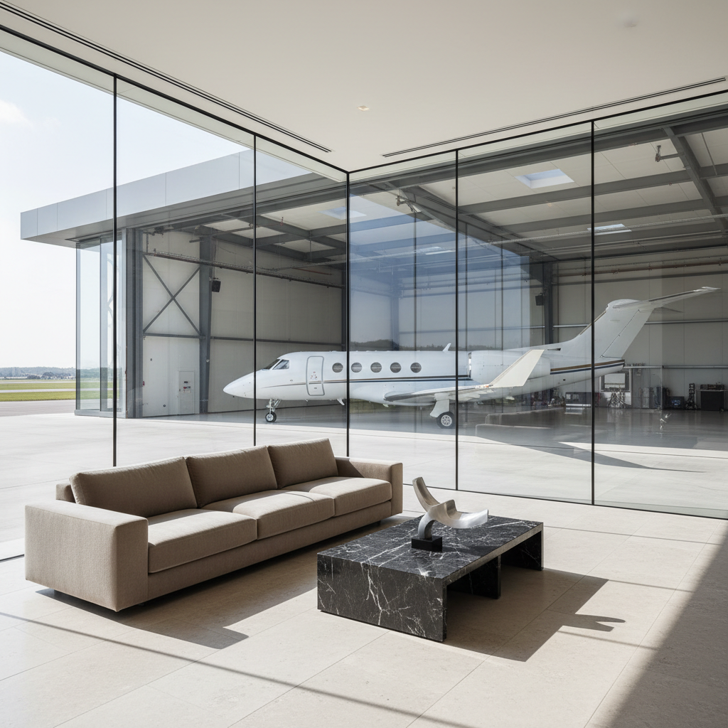 A sunlit corner of an ultra-luxury real estate lounge seamlessly integrated with a private jet hangar, visible through floor-to-ceiling glass. In the foreground, a low, taupe cashmere sofa sits on a pale stone floor, facing a minimalist black marble coffee table with a single aviation-inspired sculptural object in brushed aluminum. Beyond the glass, a sleek white private jet rests in soft midday light, its reflection mirrored on the polished hangar floor. Natural light floods the space, creating crisp, elegant shadows and gentle reflections. Captured from a slightly elevated angle with sharp focus throughout, the composition highlights the dialogue between architecture and aircraft. The atmosphere is tranquil, curated, and sophisticated, rendered in photographic realism with a clean, gallery-like aesthetic.