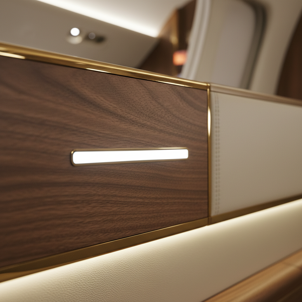 A close-up, macro-style shot of a private jet’s cabin detail: a bespoke sidewall panel combining matte open-pore walnut, smooth ivory leather, and a thin inlay of polished brass. An integrated touch-sensitive control strip glows softly in a cool white line, hinting at advanced technology. Gentle, indirect LED cabin lighting grazes the surfaces, emphasizing grain, stitching, and the precise joinery between materials. The background falls into a soft blur, focusing attention entirely on craftsmanship and texture. The composition is minimalist and asymmetrical, invoking high-end product photography. The mood is quietly luxurious and technologically refined, in photographic realism, celebrating the fusion of design, innovation, and ultra-luxury aviation interiors.