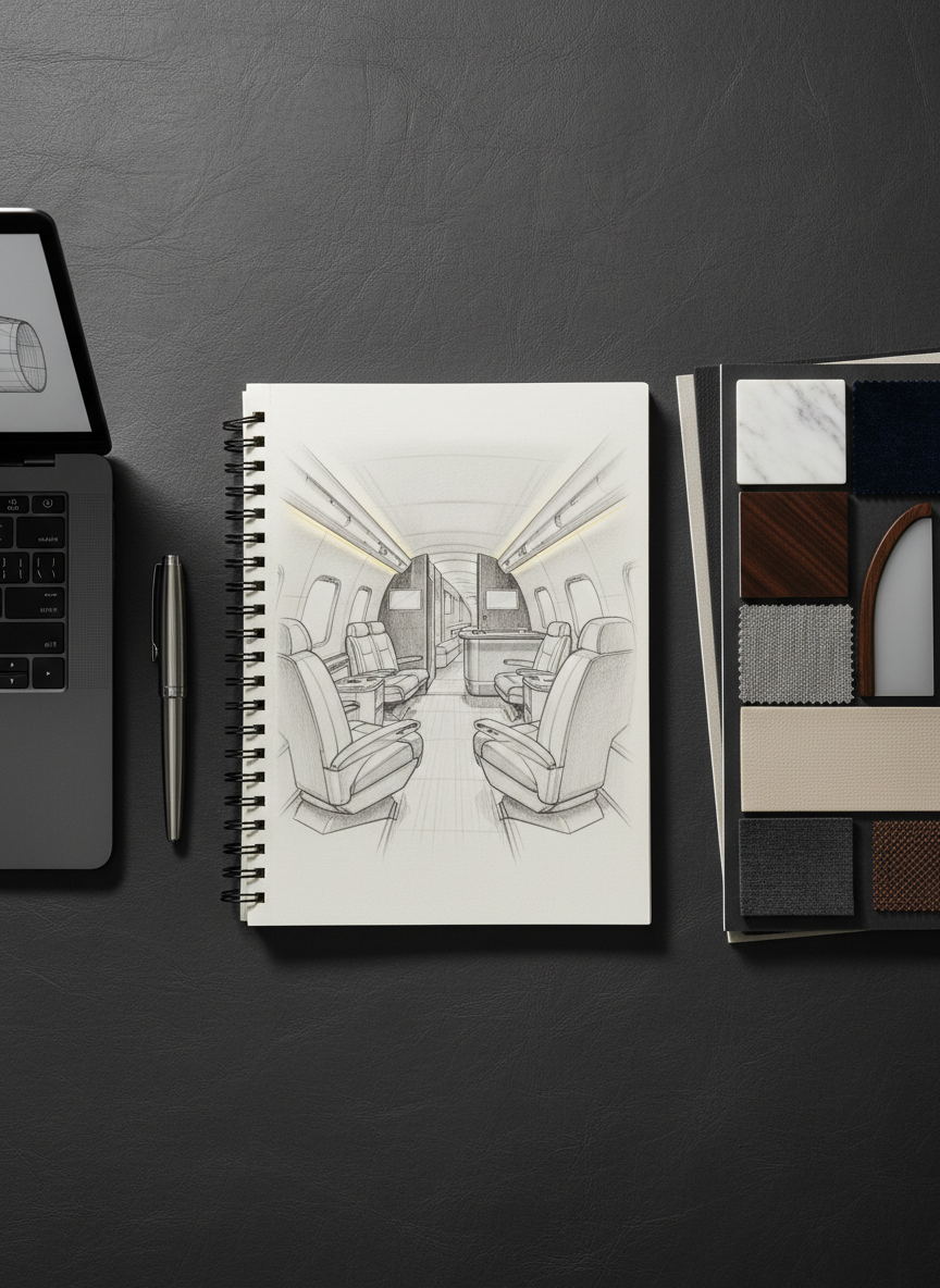 A meticulously styled flat-lay of a luxury aviation creative director’s workspace set on a charcoal leather desk mat. Centered is a large, open sketchbook showing precise pencil concept art of a private jet interior, surrounded by a brushed titanium fountain pen, a slim carbon fiber laptop, and a stack of thick, matte-finish mood boards featuring marble, wood, and fabric swatches. Overhead, soft studio lighting creates gentle, controlled shadows and subtle highlights on metal surfaces, suggesting evening focus and quiet concentration. The composition is perfectly balanced with rule-of-thirds placement and crisp detail throughout, presenting a calm, sophisticated mood. Photographic realism with a minimal, ultra-luxury design sensibility, emphasizing storytelling, design thinking, and aviation branding.